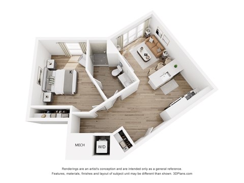 Floor plan for 1 bed, 1 bath, 728 sqft